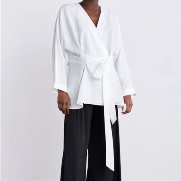 Zara White Linen Blend Tie Wrap Blouse Sz S - Picture 3 of 8